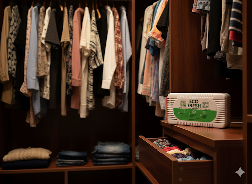 Ecofresh Box keeping a wardrobe of clothes fresh and odour-free
