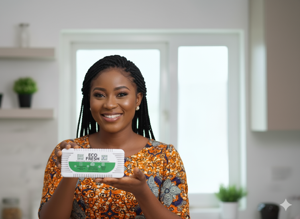 A woman holding the Ecofresh Box air purifier in a bright, modern kitchen